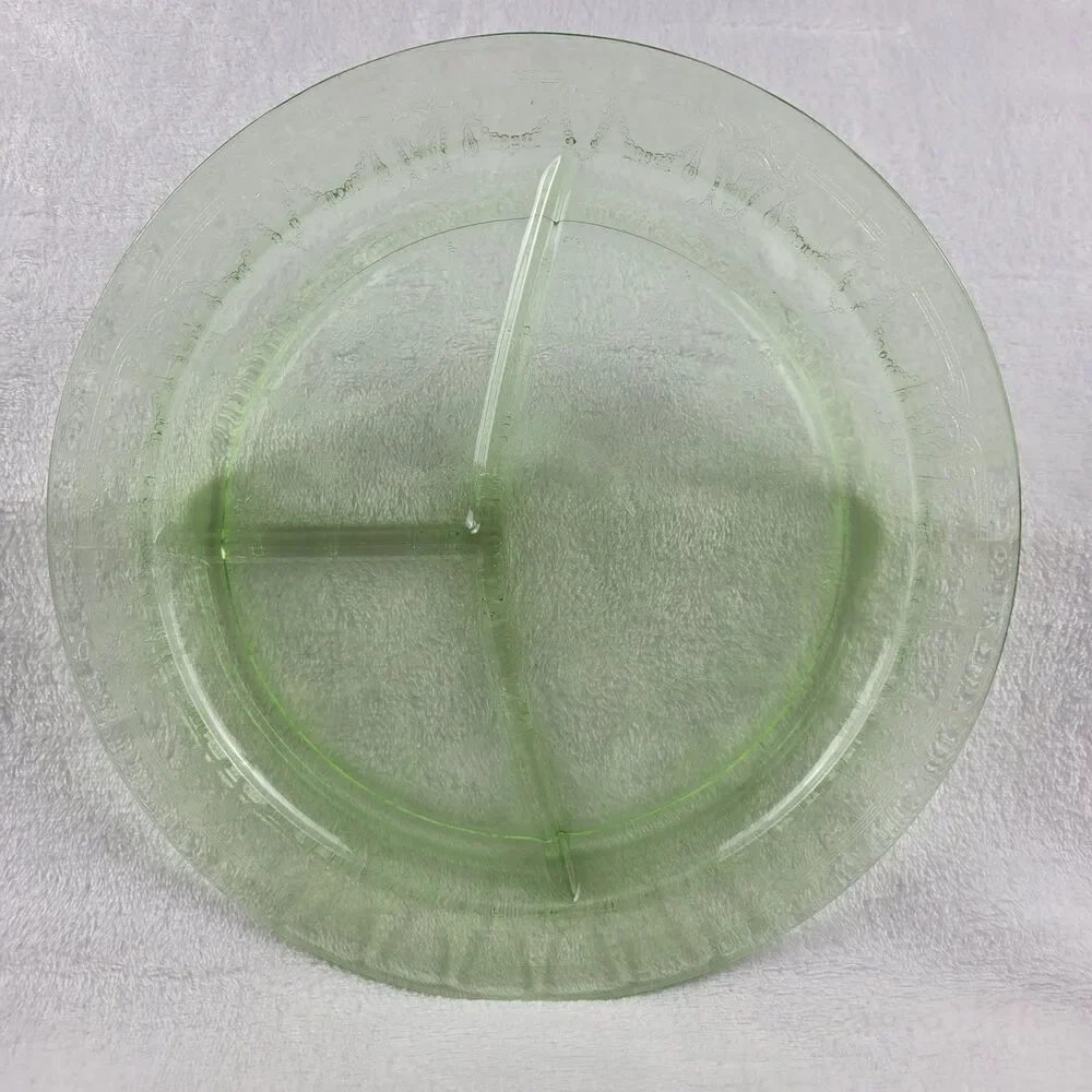 Uranium Glass Divided Plate Ballerina Cameo Dancing Girl Green Platter GLOWS